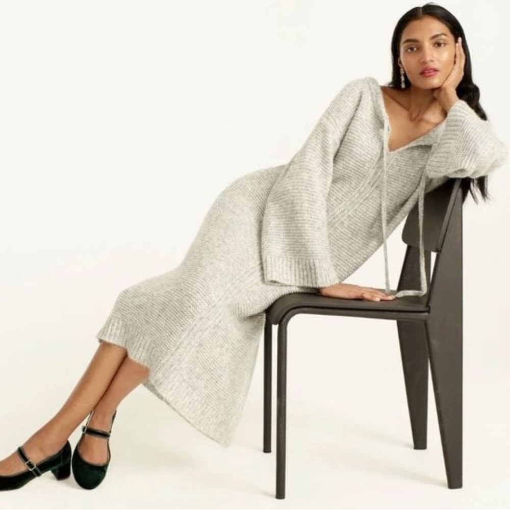 J. Crew Lace up Sweater dress Tie neck Midi-calf length 3/4 sleeve Gray | S/M